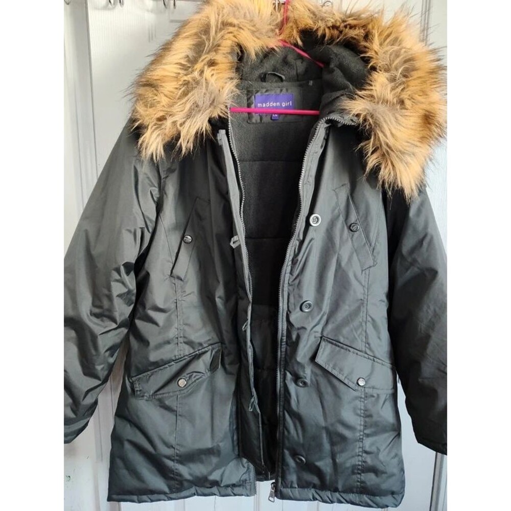 Madden girl size L women's parka puffer jacket grey gray faux fur hood